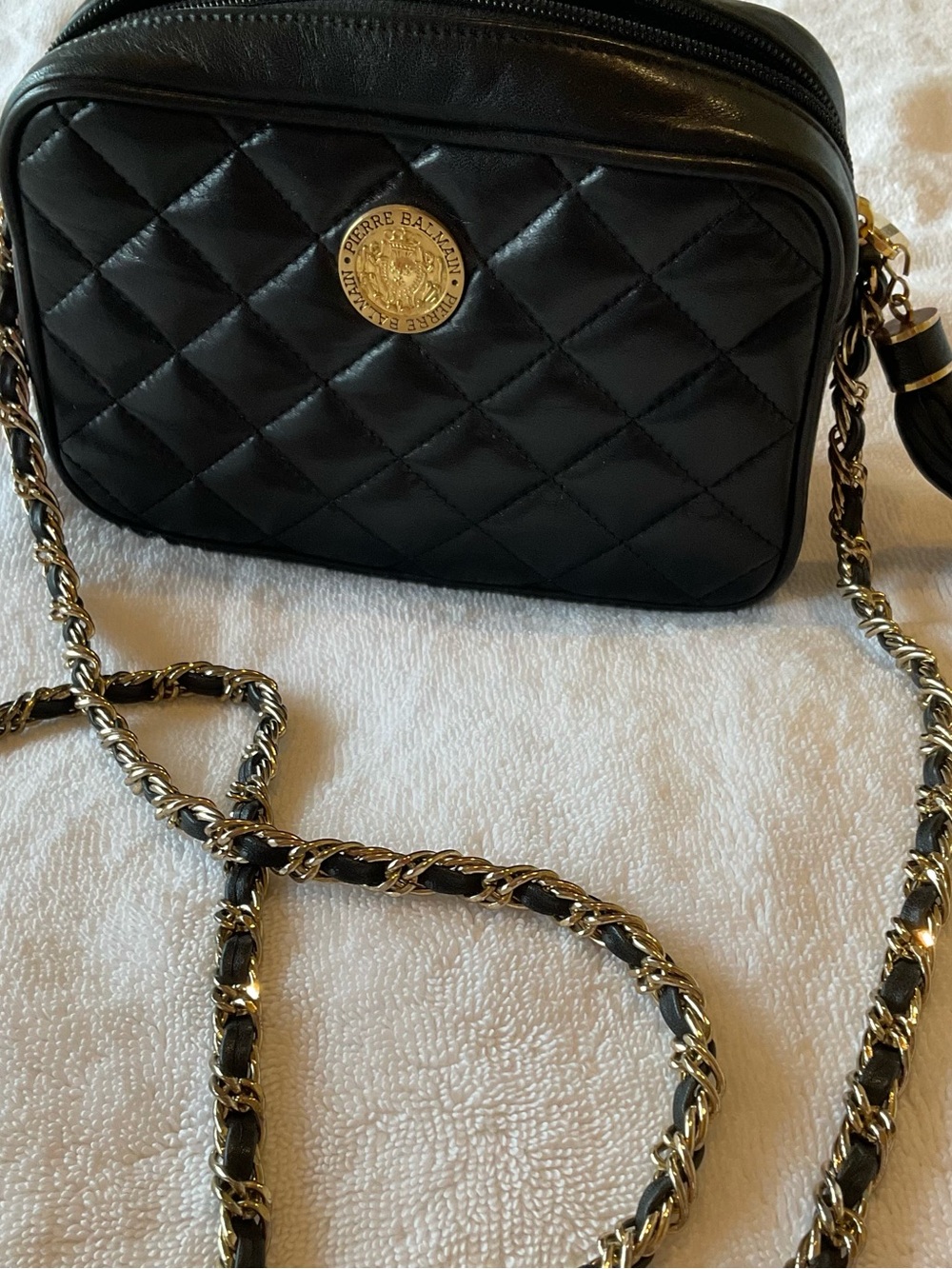 Pierre Balmain Black Quilted Camera Crossbody with Gold Chain